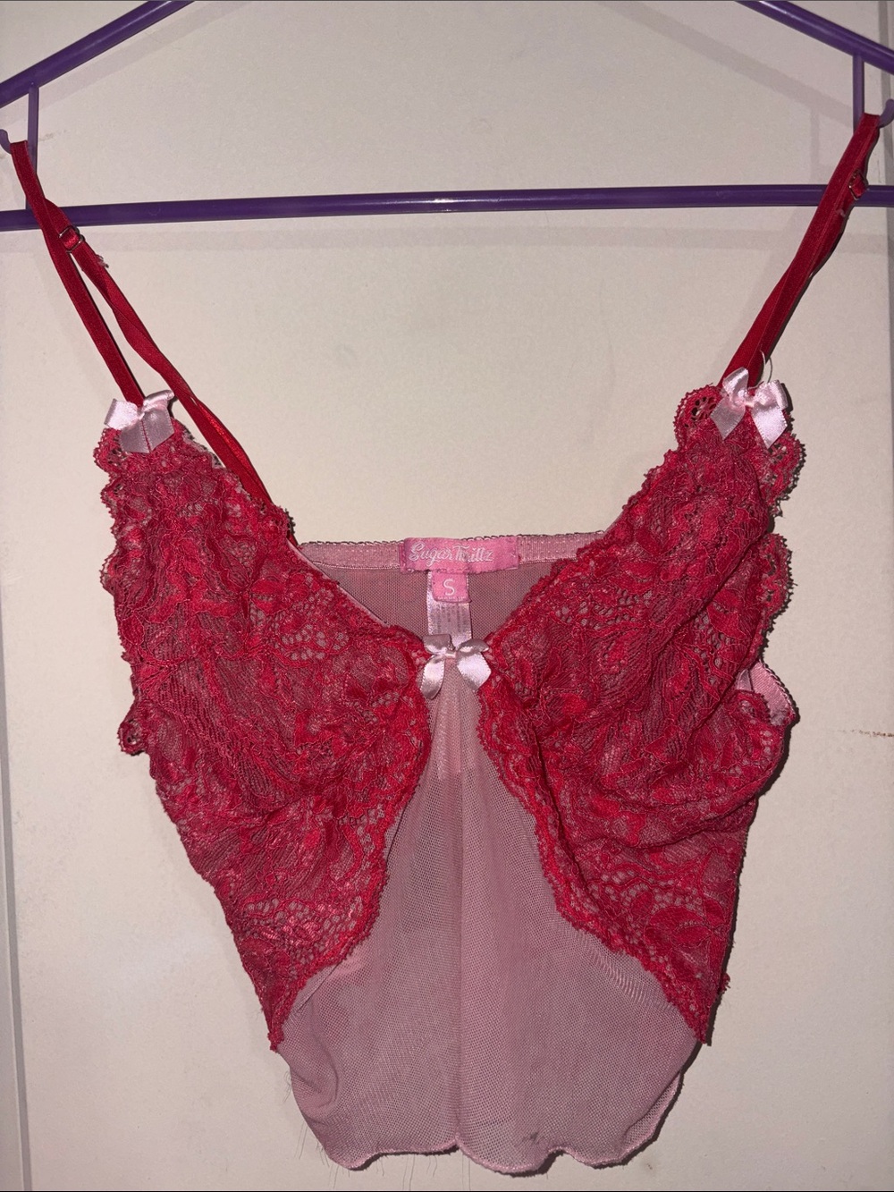 Sugar Thrillz / Dolls Kill Red Lace & Pink Mesh Bralette/Sexy shirt